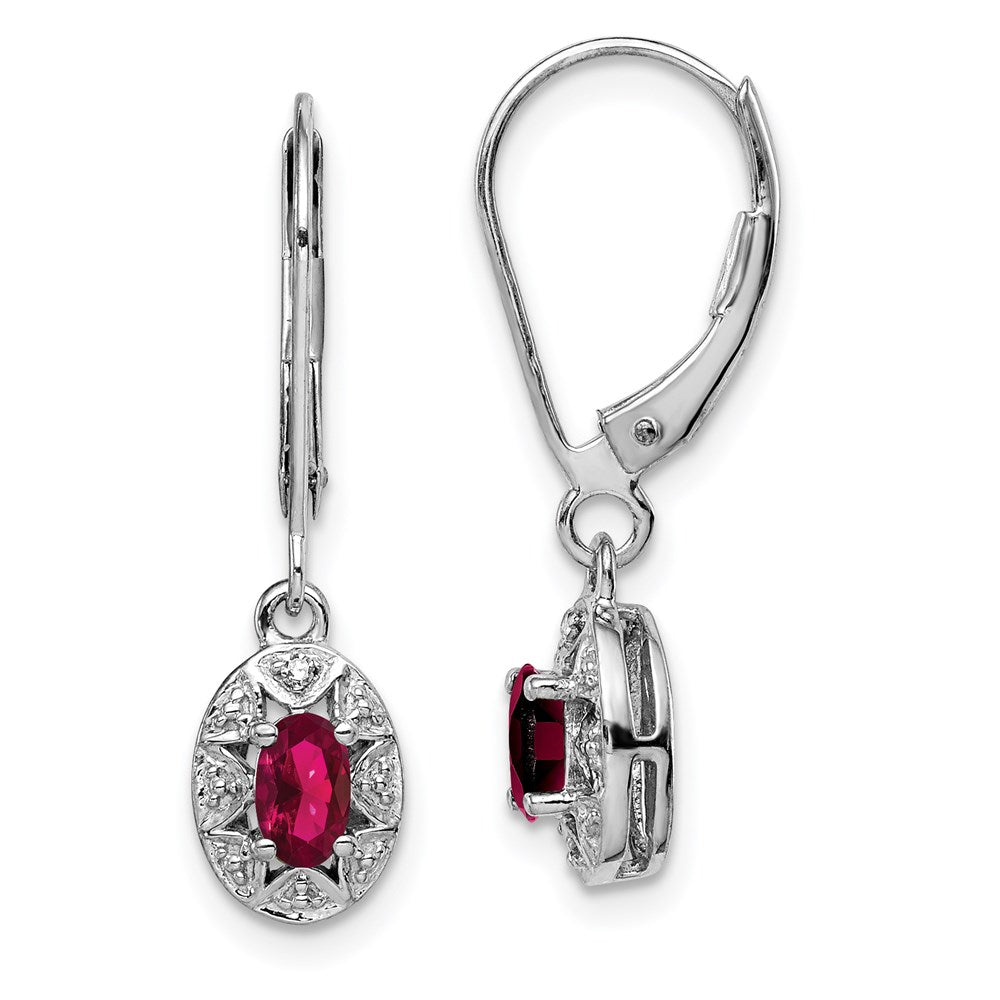 Rhodium Plated Diamond & Lab Created Ruby Dangle Leverback Earrings in Sterling Silver