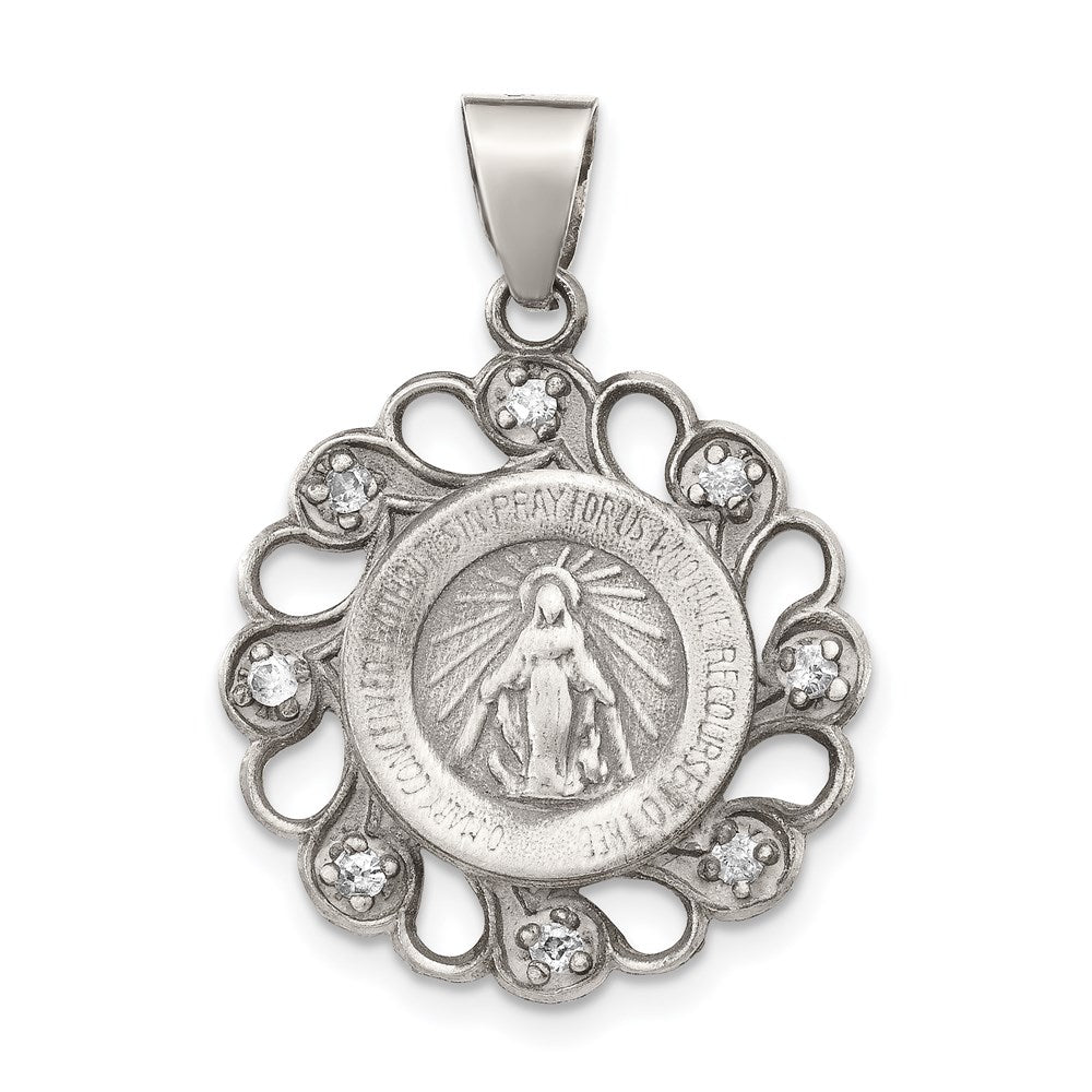& CZ Antiqued Blessed Mother Pendant in Sterling Silver