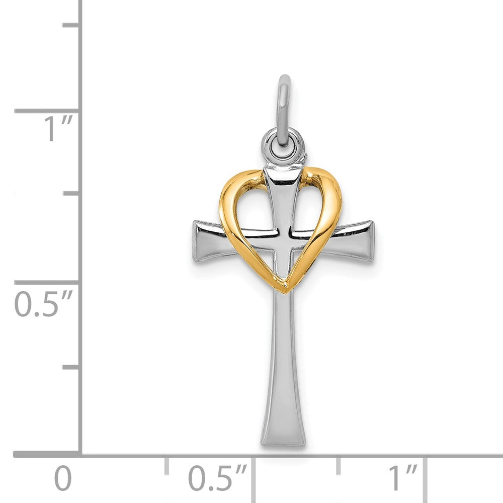 Rhodium-plated & Gold-tone Polished Cross w/ Heart Pendant in Sterling Silver
