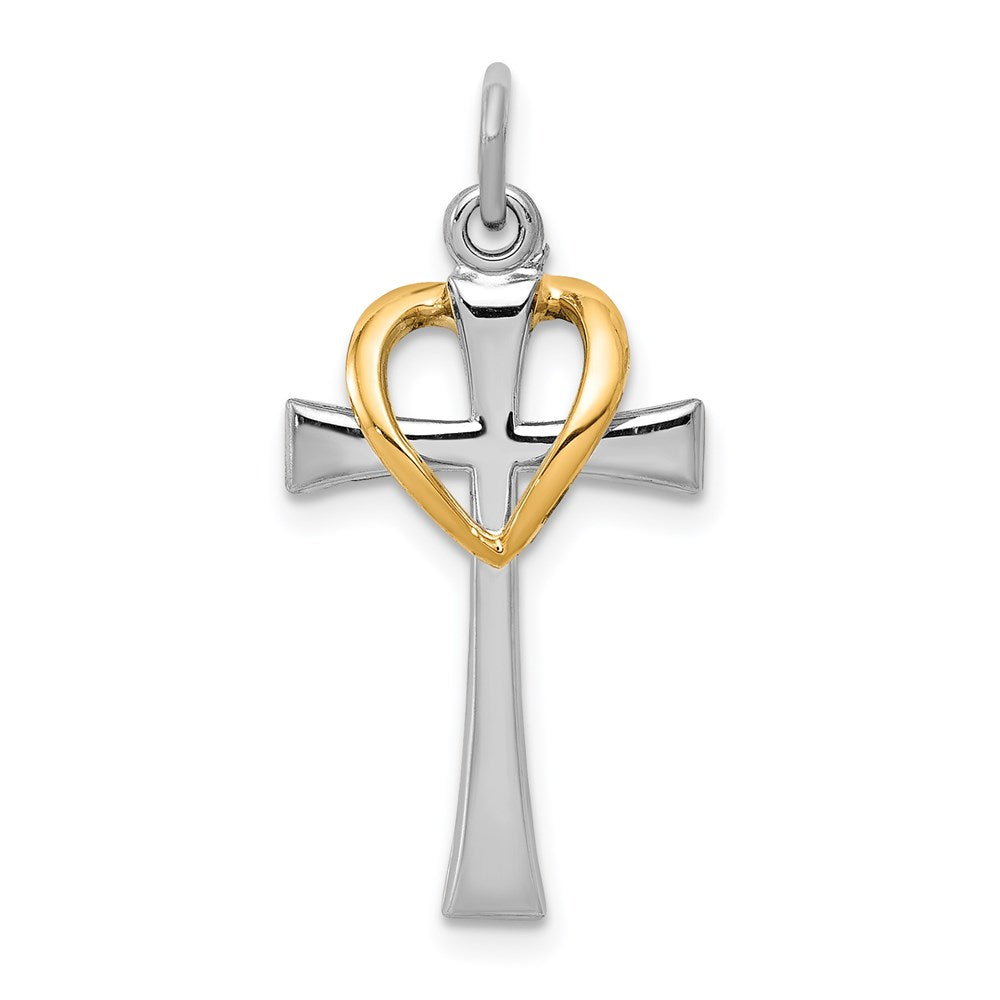 Rhodium-plated & Gold-tone Polished Cross w/ Heart Pendant in Sterling Silver