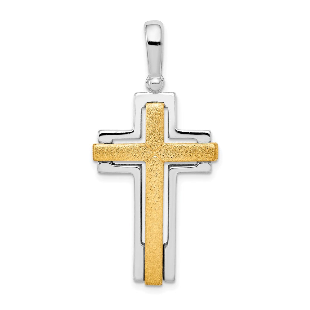 Rhodium-Plated & Gold-tone Brshd/Polished Cross Pendant in Sterling Silver