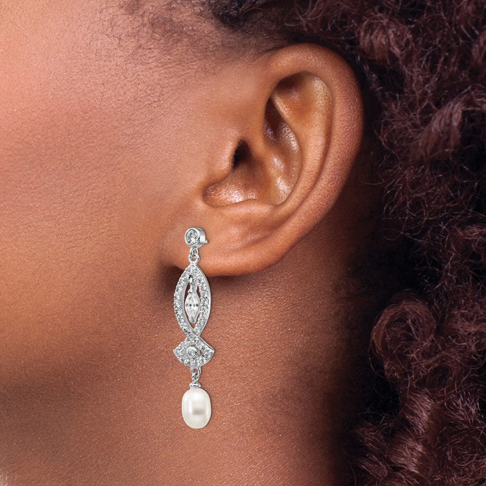 Cheryl M Sterling Silver Rhodium-Plated Teardrop Freshwater Cultured Pearl & Marquise-cut/Brilliant-cut CZ Post Dangle Earrings