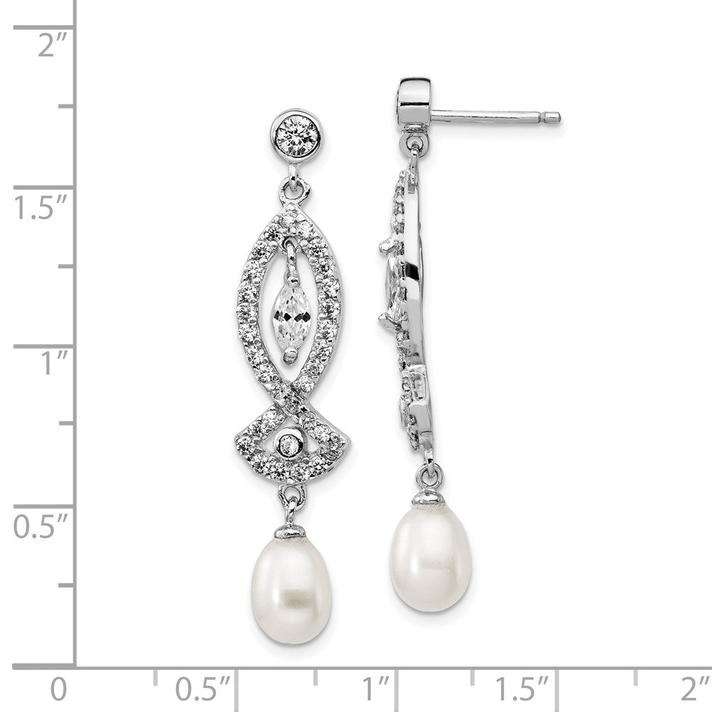 Cheryl M Sterling Silver Rhodium-Plated Teardrop Freshwater Cultured Pearl & Marquise-cut/Brilliant-cut CZ Post Dangle Earrings