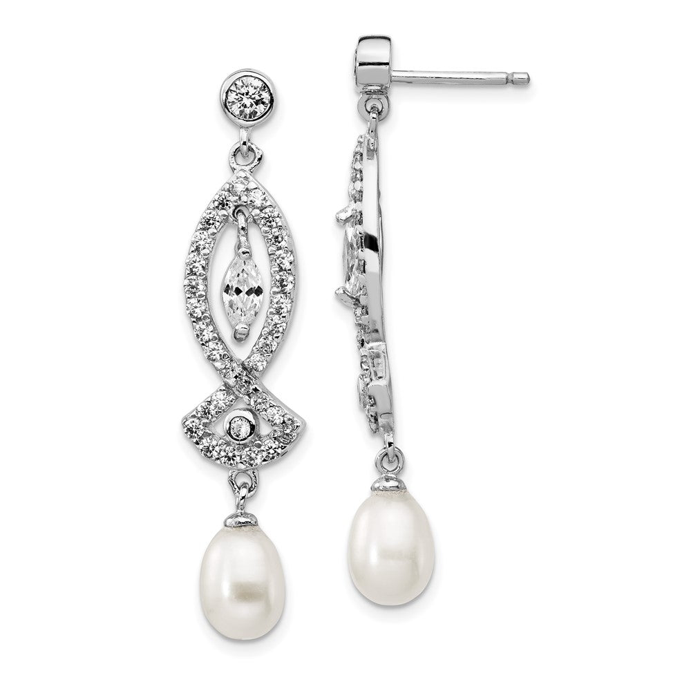 Cheryl M Sterling Silver Rhodium-Plated Teardrop Freshwater Cultured Pearl & Marquise-cut/Brilliant-cut CZ Post Dangle Earrings
