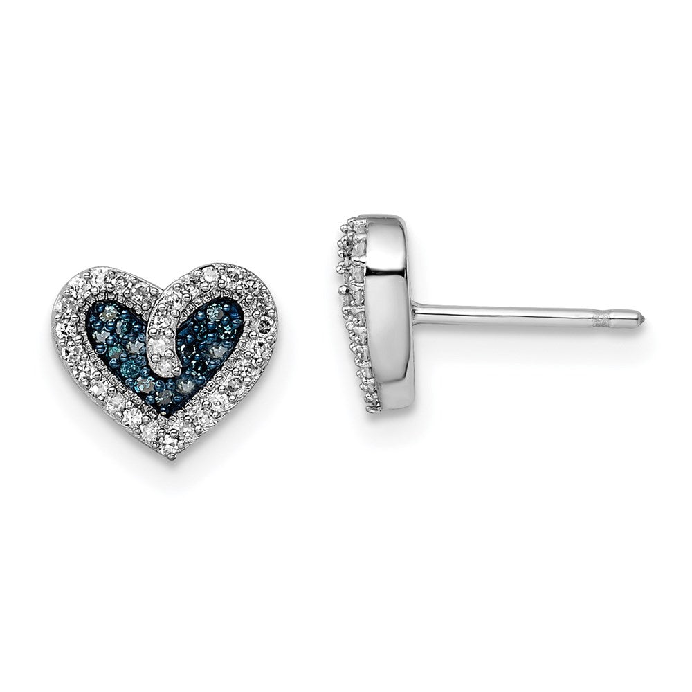 White Night Sterling Silver Rhodium-Plated Blue & White Diamond Heart Post Earrings