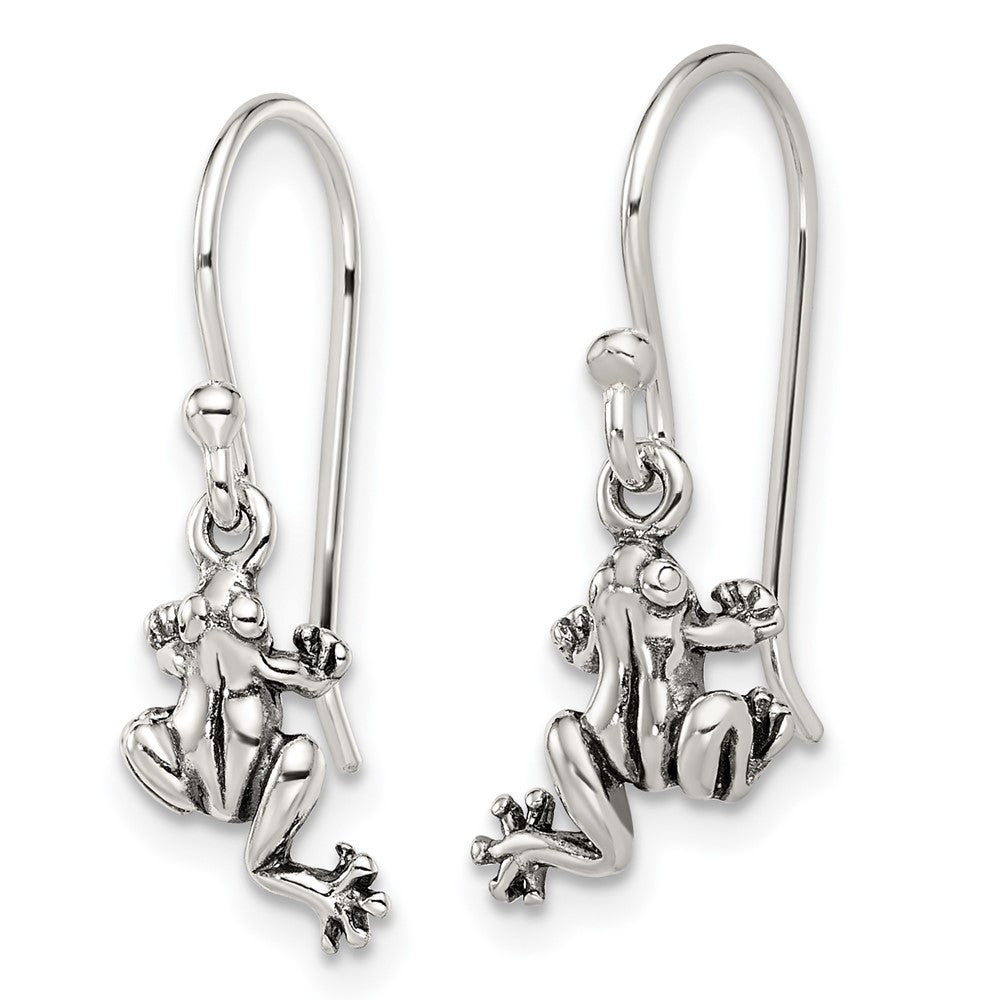 & Antiqued Frog Shepherd Hook Earrings in Sterling Silver
