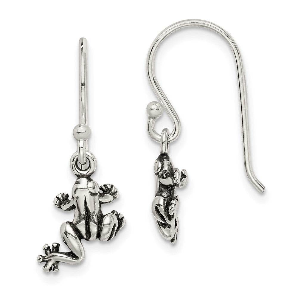 & Antiqued Frog Shepherd Hook Earrings in Sterling Silver