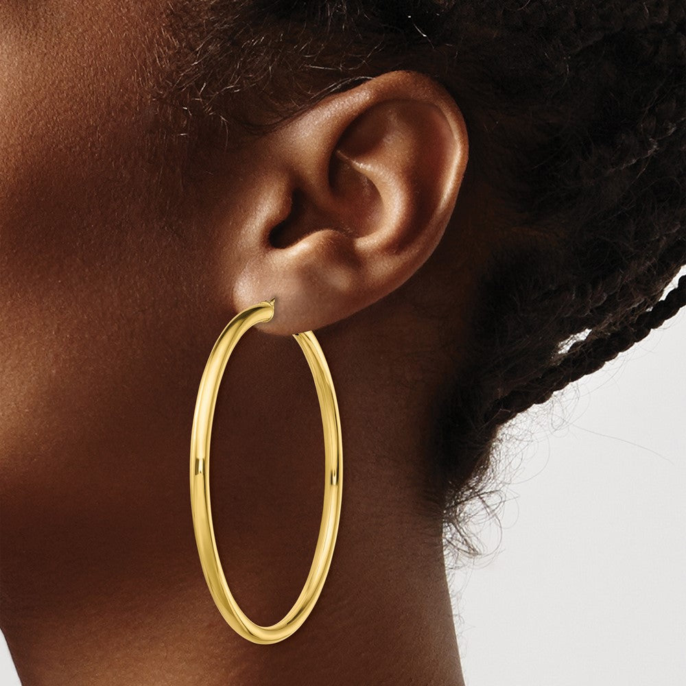 Gold-Tone Polished 3x55mm Hoop Earrings in Sterling Silver