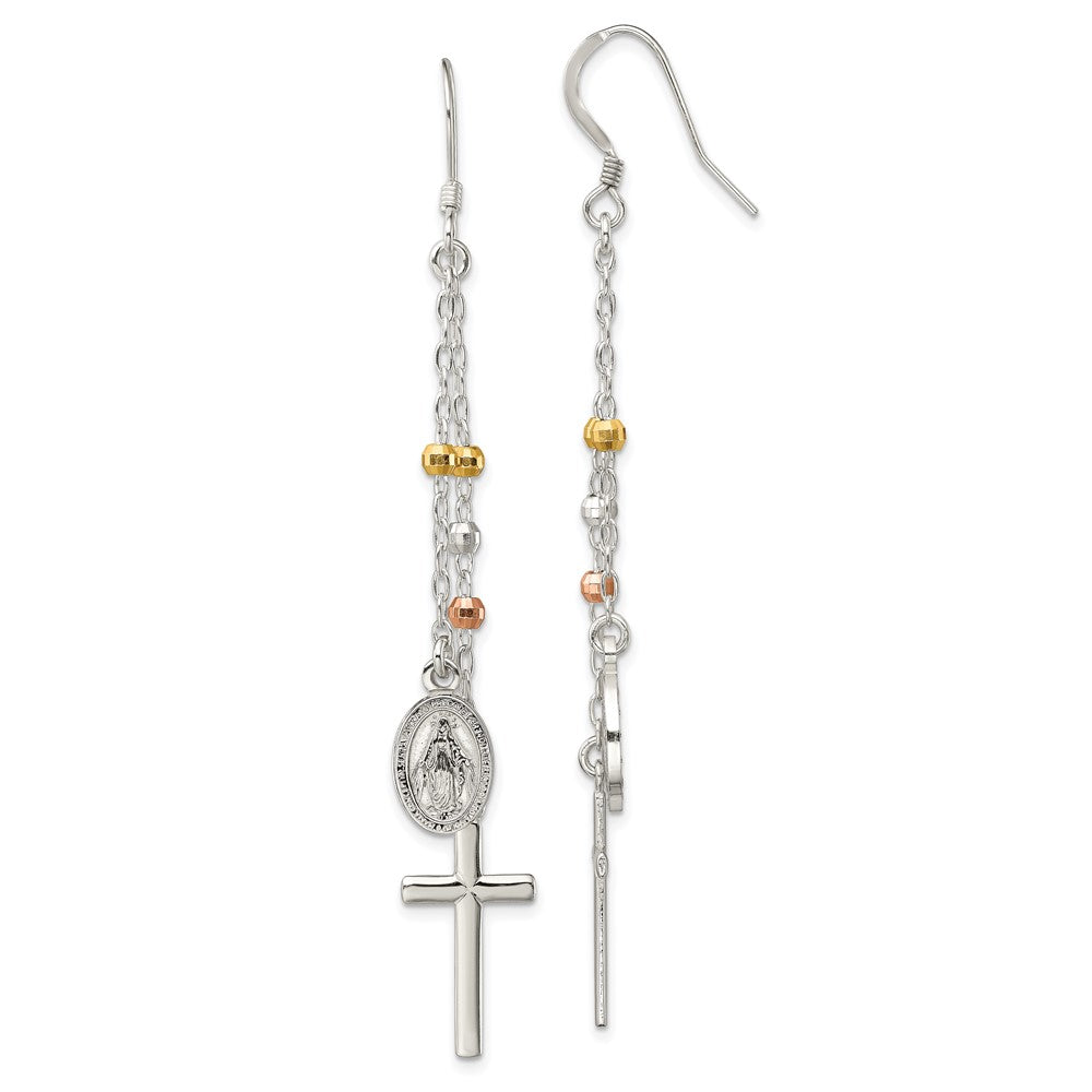 w/ Gold-tone & Rose-tone Polished Miraculous Medal & Latin Cross Beaded Multi-Strand Dangle Earrings in Sterling Silver