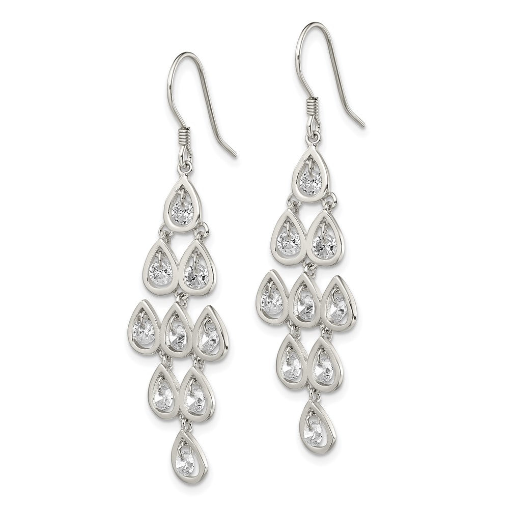 RH-pltd Polished Fancy Pear CZ Chandelier Dangle Earrings in Sterling Silver