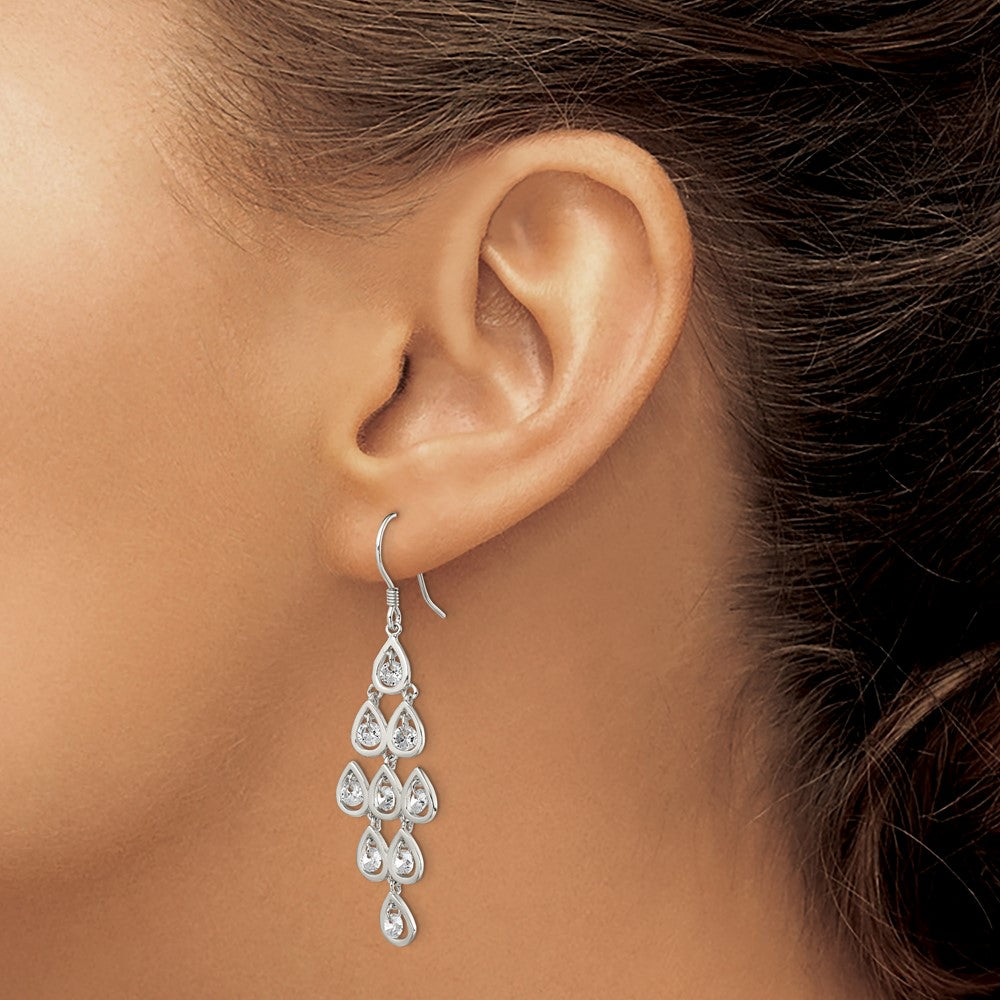RH-pltd Polished Fancy Pear CZ Chandelier Dangle Earrings in Sterling Silver