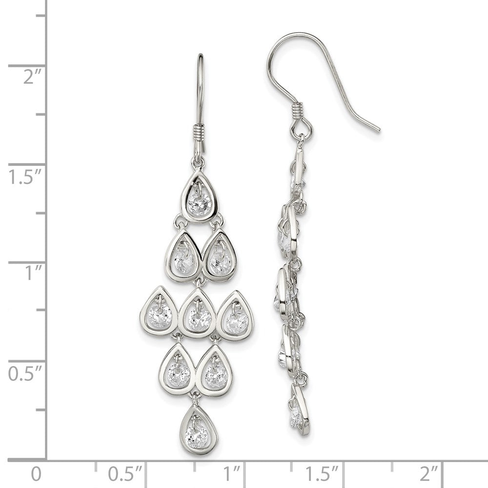 RH-pltd Polished Fancy Pear CZ Chandelier Dangle Earrings in Sterling Silver