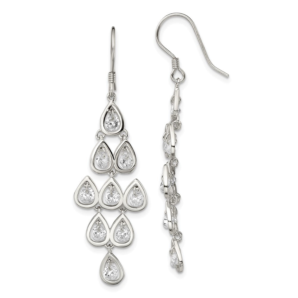 RH-pltd Polished Fancy Pear CZ Chandelier Dangle Earrings in Sterling Silver