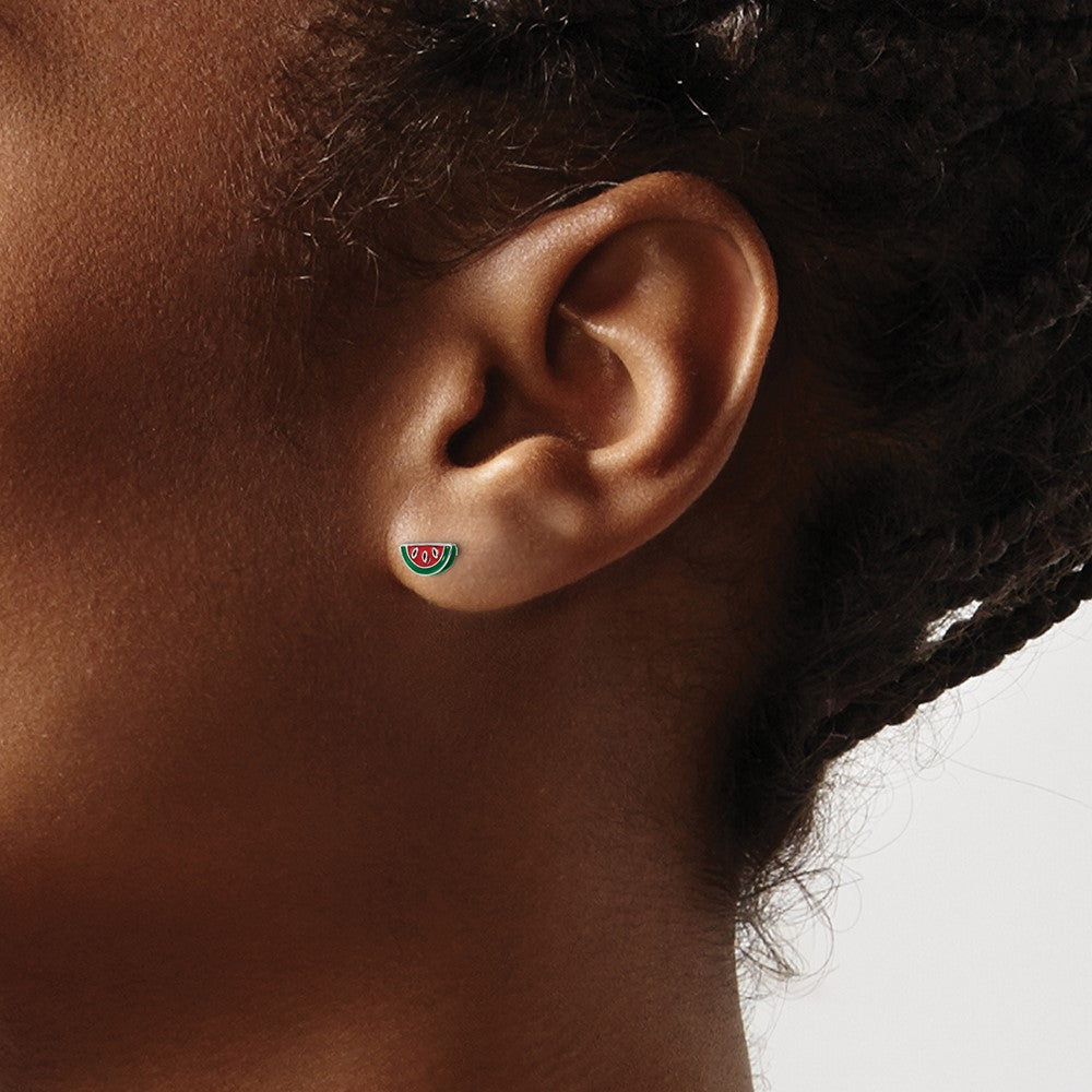 Rhodium-Plated Polished & Multi-color Enameled Watermelon Children's Post Earrings in Sterling Silver