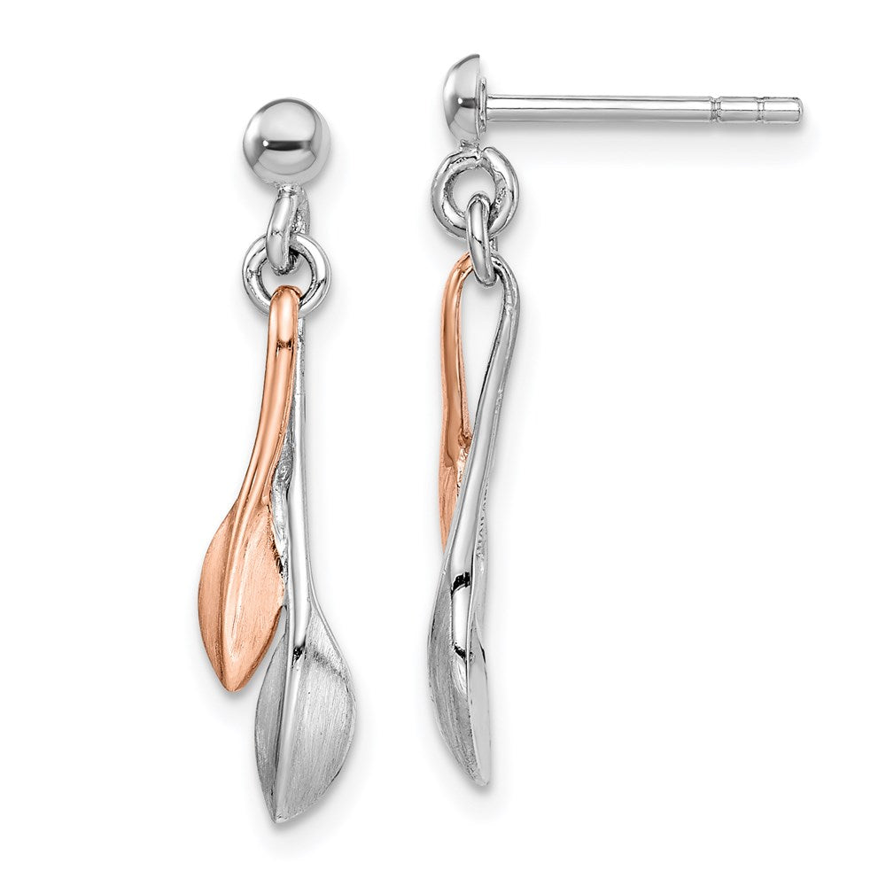 Rhodium-Plated Rose Gold-Plated Leaf Post Dangle Earrings in Sterling Silver