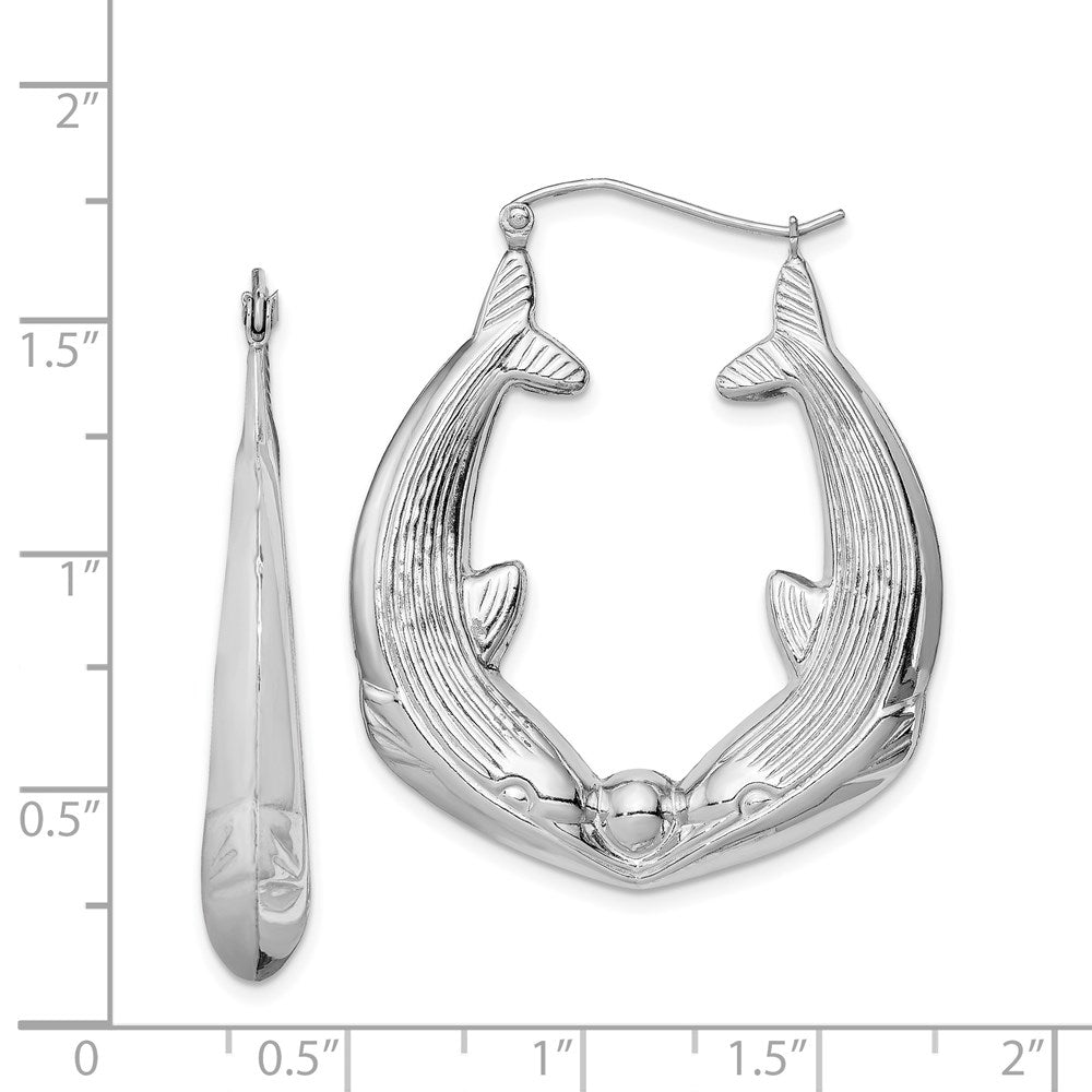 Rhodium-plated Textured Dolphin Round Hoop Earrings in Sterling Silver