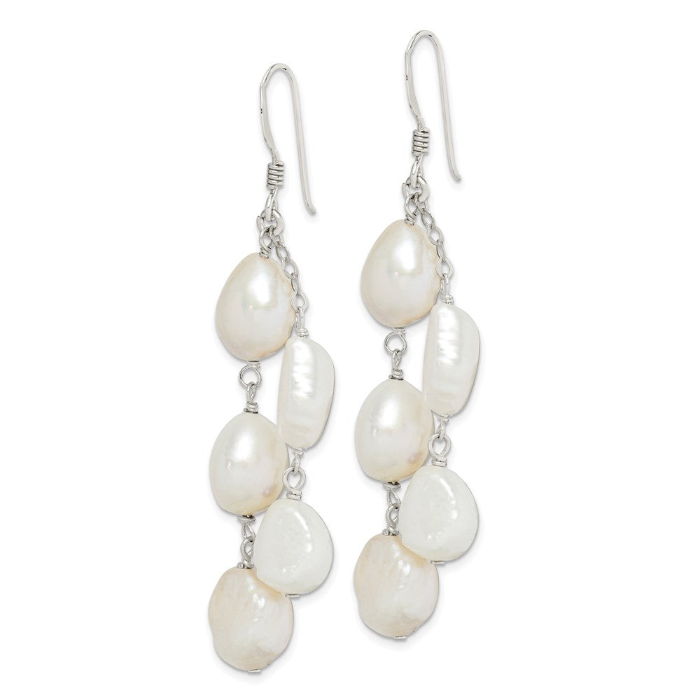 Polished White 8-10mm Baroque Freshwater Cultured Pearl Two-Strand Dangle Earrings in Sterling Silver