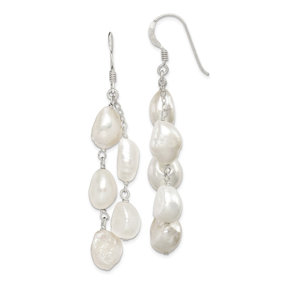 Polished White 8-10mm Baroque Freshwater Cultured Pearl Two-Strand Dangle Earrings in Sterling Silver