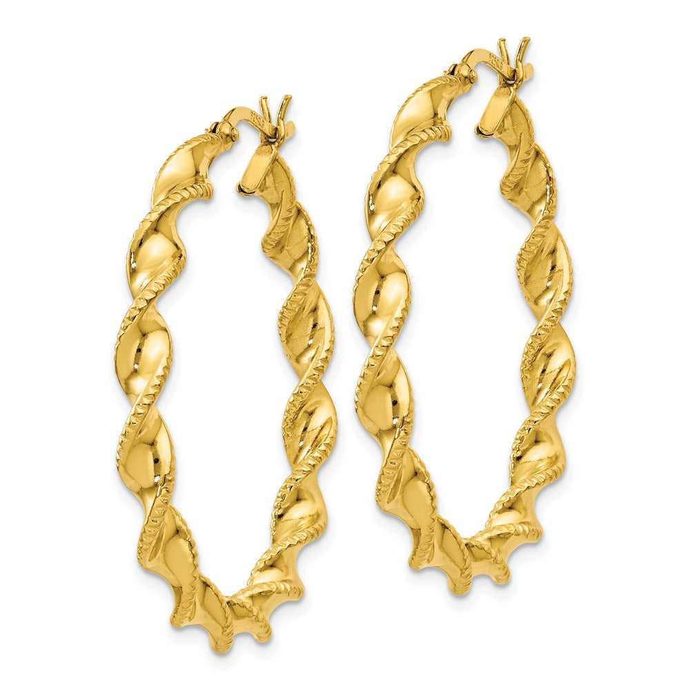 Gold Flash Plated Patterned Twisted 4x35mm Hoop Earrings in Sterling Silver