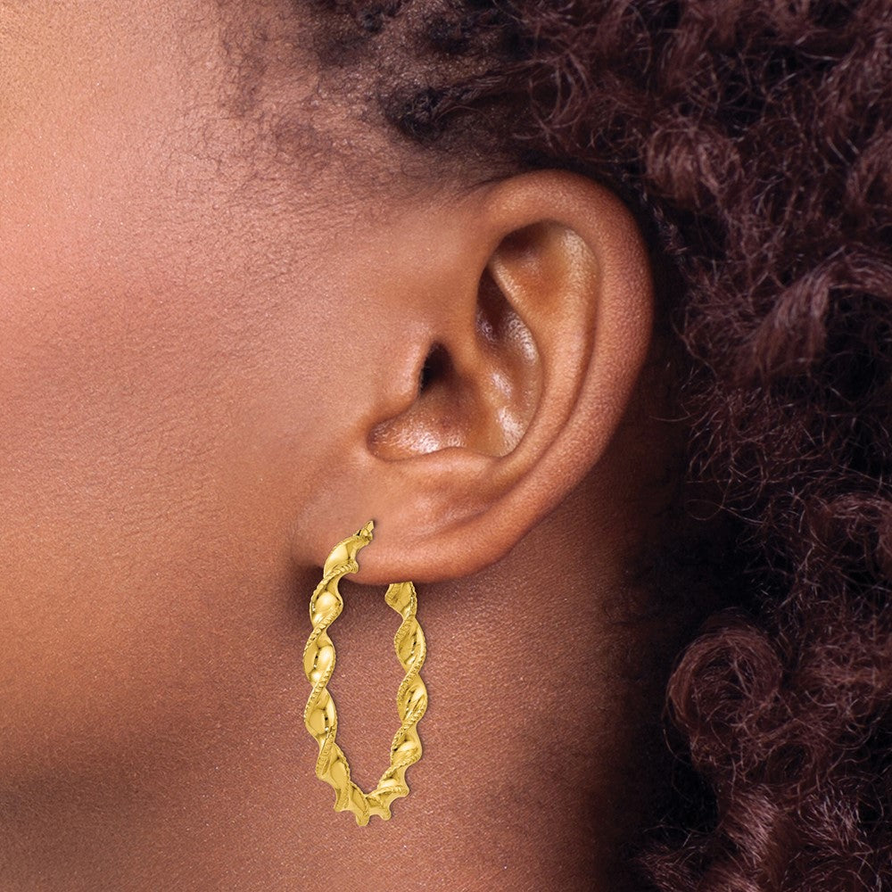 Gold Flash Plated Patterned Twisted 4x35mm Hoop Earrings in Sterling Silver