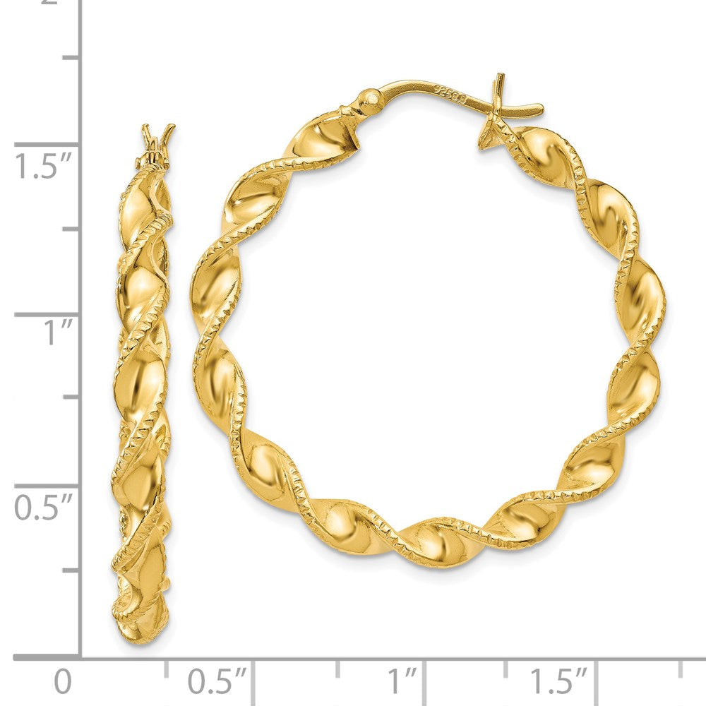 Gold Flash Plated Patterned Twisted 4x35mm Hoop Earrings in Sterling Silver