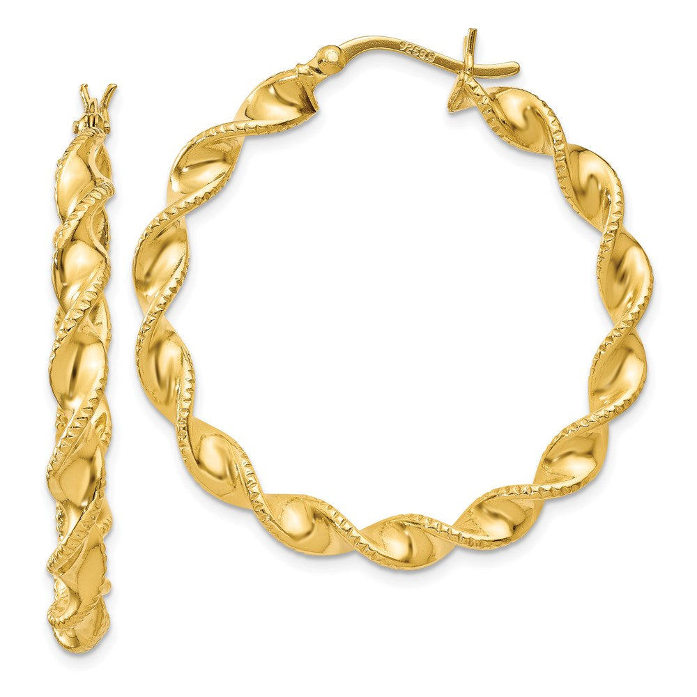 Gold Flash Plated Patterned Twisted 4x35mm Hoop Earrings in Sterling Silver