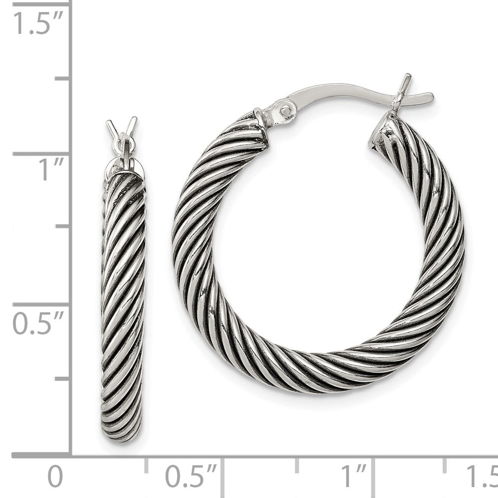 Antiqued 3.25x25mm Twisted Hoop Earrings in Sterling Silver