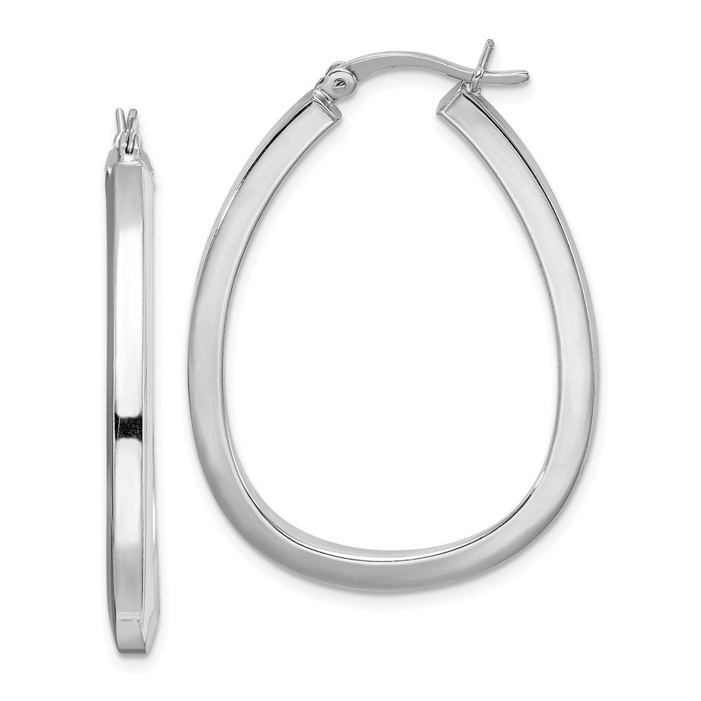 Rhod-plated Square Tube 4mm Teardrop Hoop Earrings in Sterling Silver