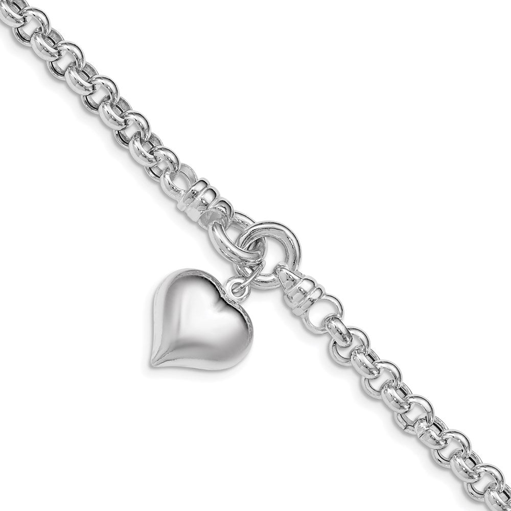 Polished Rolo w/ Dangle Heart Charm Bracelet in Sterling Silver