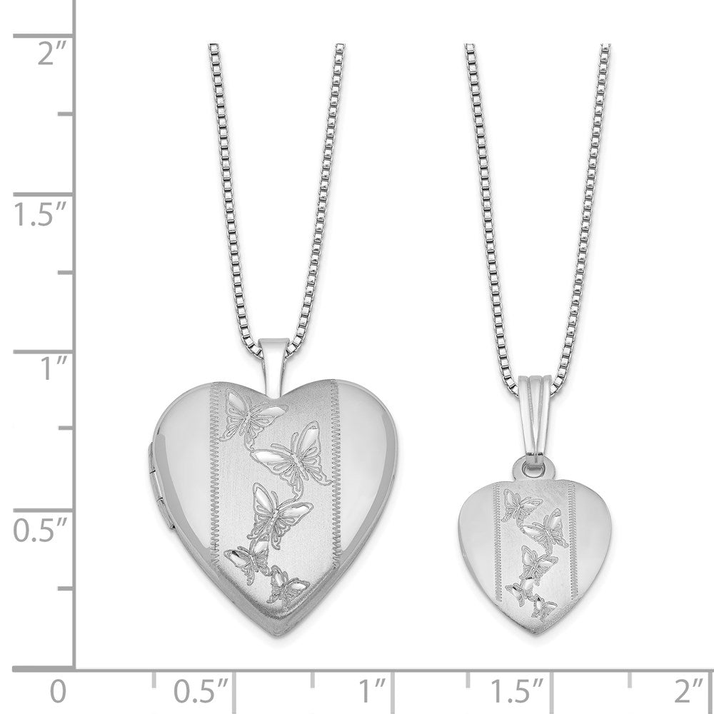 Rhodium-Plated Polished & Satin Butterfly Heart 18in Locket Necklace & 14in Pendant Necklace Set in Sterling Silver