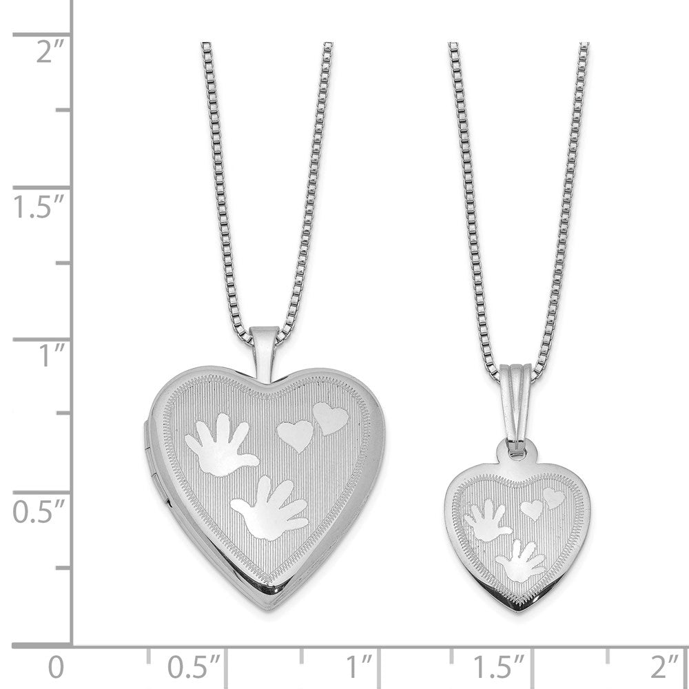 Rhodium-Plated Polished & Satin Hand & Hearts Mother/Daughter Locket & Pendant Necklace Set in Sterling Silver