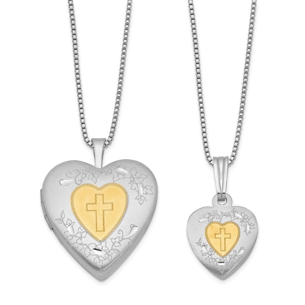 Rhodium & Gold-plated Polished & Satin Diamond Mom Locket 18in Necklace/ Daughter Pendant 14in Cross Heart Necklace Set in Sterling Silver