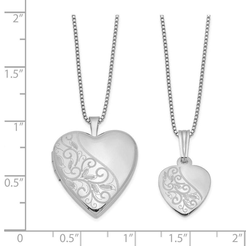 Rhodium-plated Polished & Satin Back Swirl Design Mother 18in Locket & Daughter 14in Pendant Necklace Set in Sterling Silver