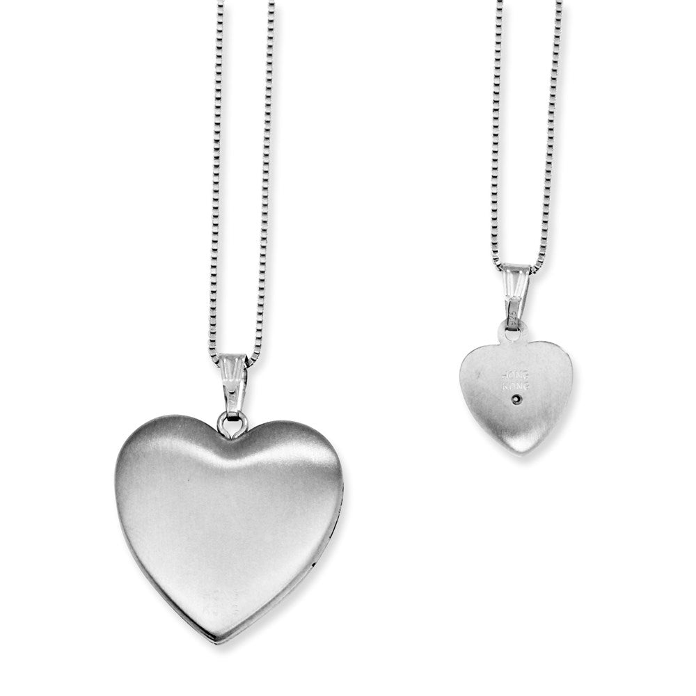 Rhodium-Plated Diamond Pol/Satin Heart Locket & Pendant Set in Sterling Silver
