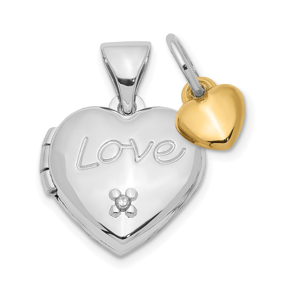Rhodium-Plated w/ Gold-Plated Diamond w/ Charm Heart Locket in Sterling Silver