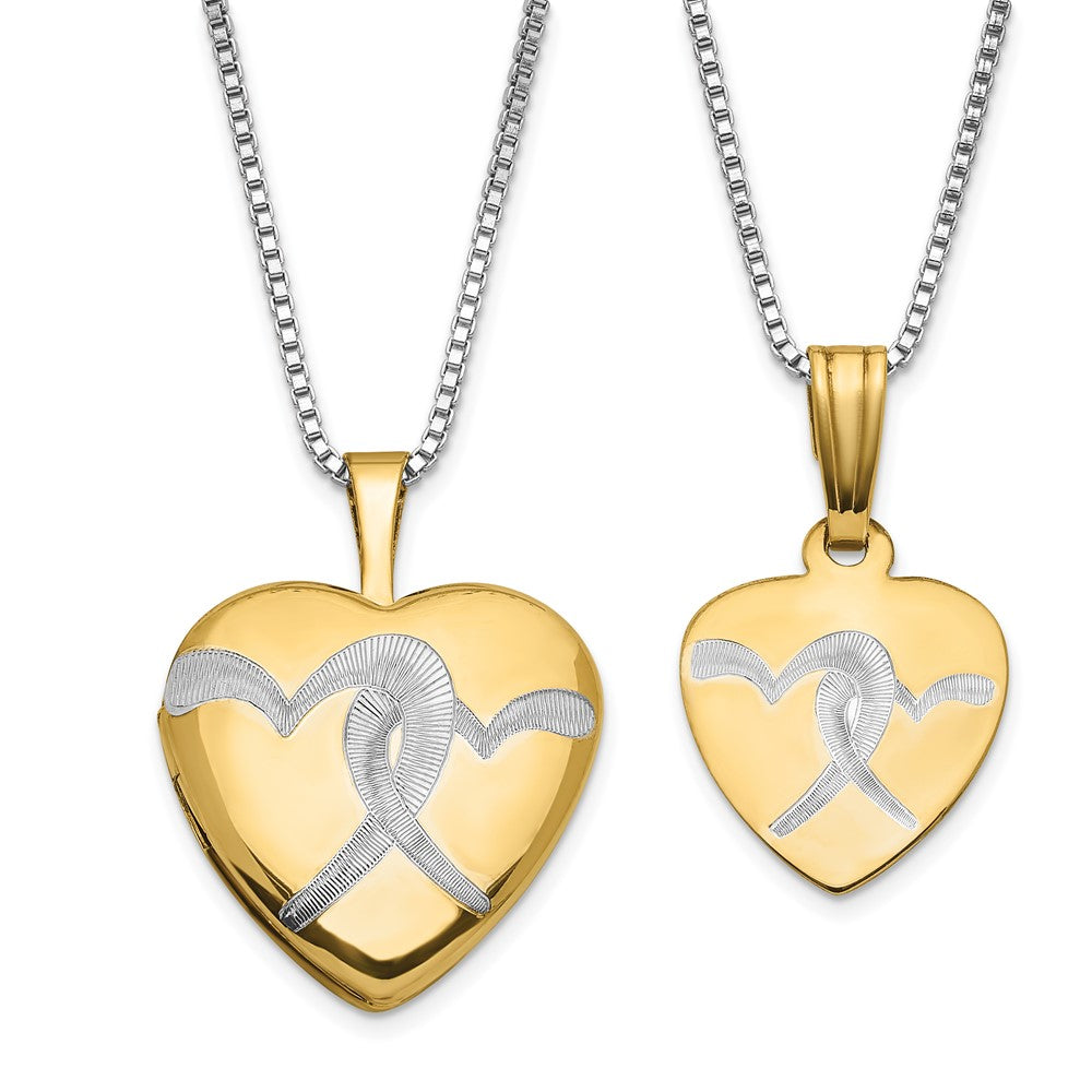 Gold-plated Etched Double Heart 16mm 18in Locket & 14in Pendant Necklace Set in Sterling Silver