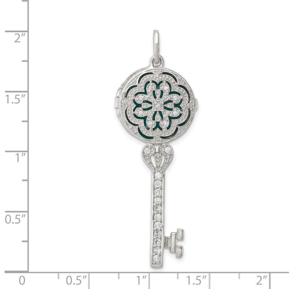 Rhodium-plated CZ Filigree Enameled Top Key Locket Pendant in Sterling Silver