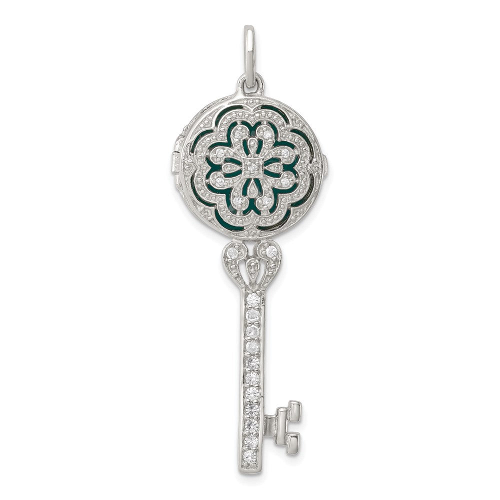 Rhodium-plated CZ Filigree Enameled Top Key Locket Pendant in Sterling Silver