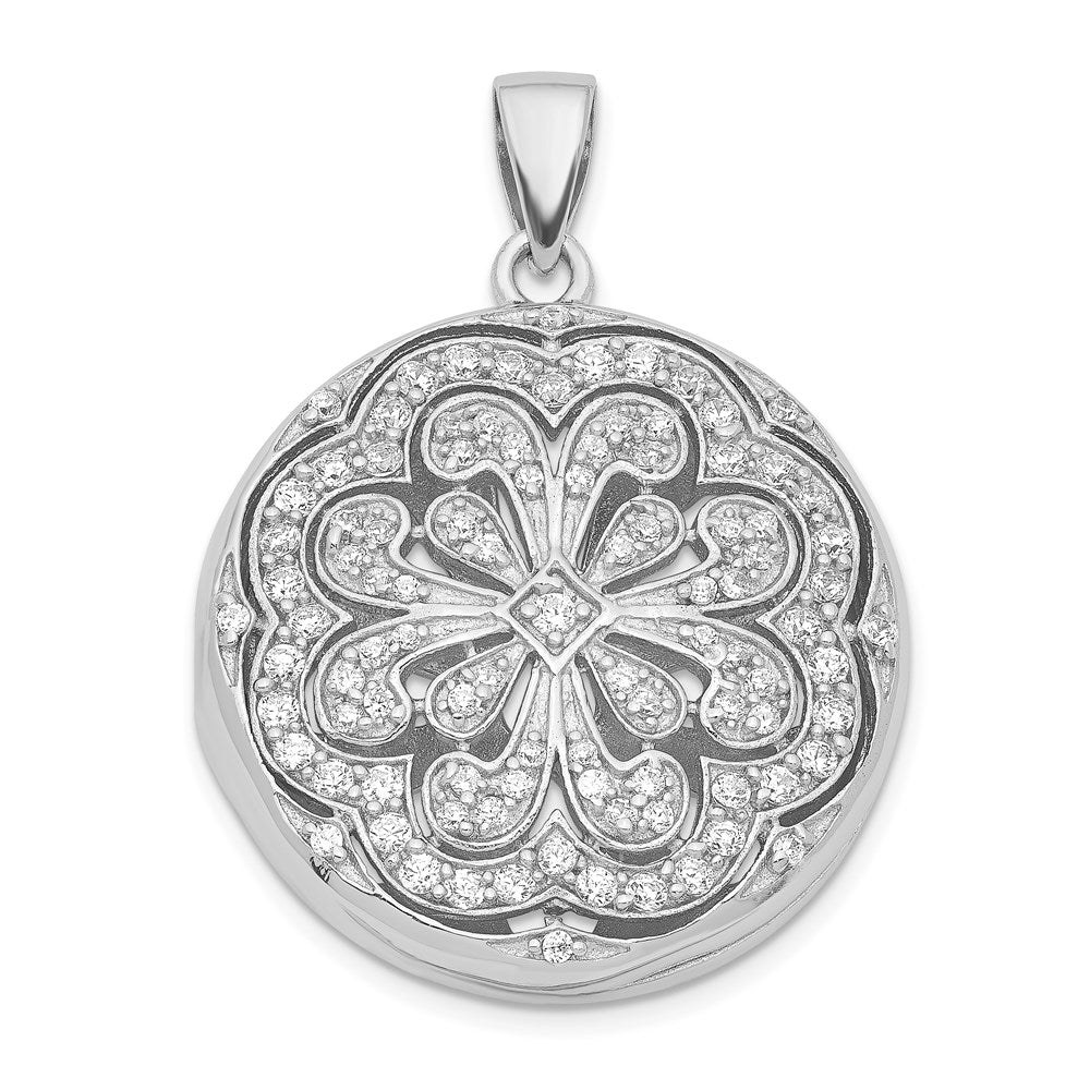 Rhodium-plated CZ Flower Design 22mm Locket Pendant in Sterling Silver