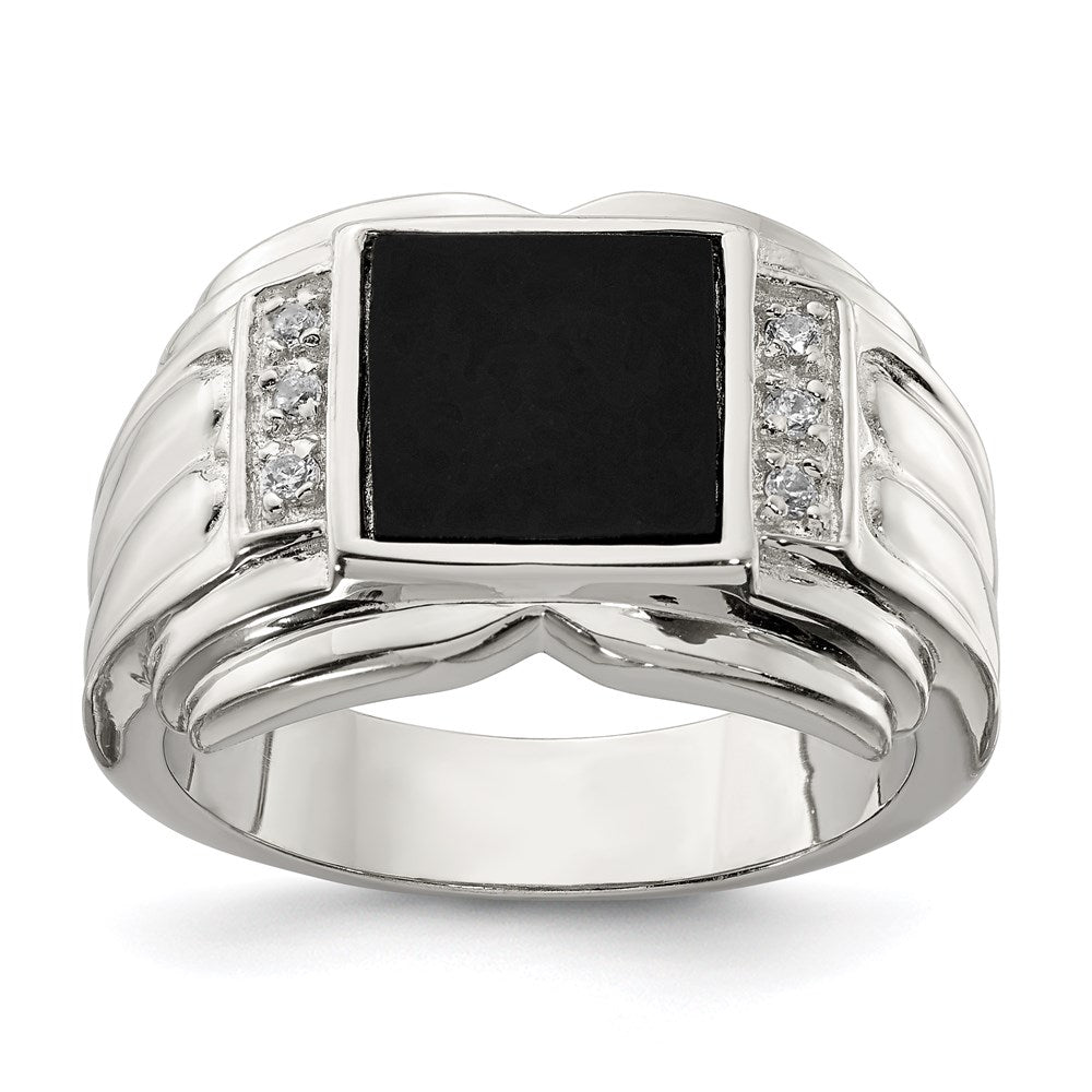 Rhodium-Plated CZ & Onyx Ring in Sterling Silver