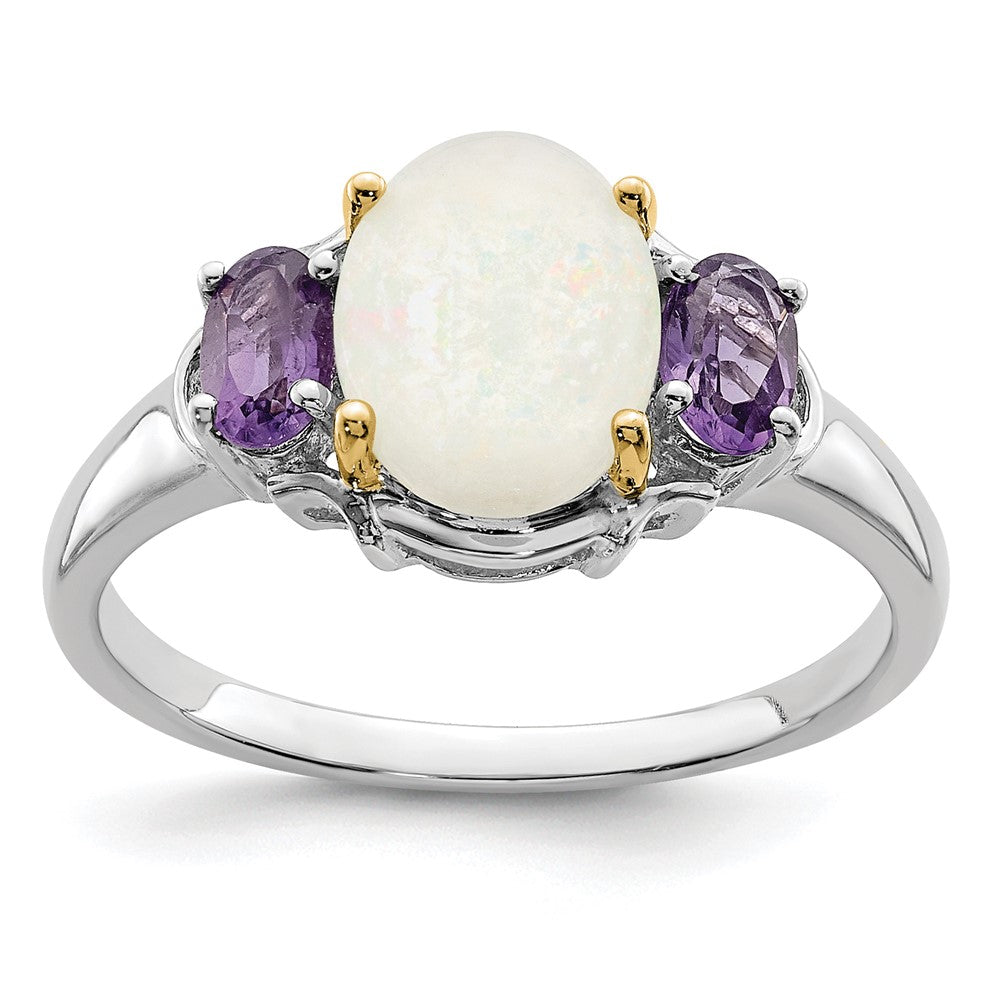Brilliant Gemstones Sterling Silver with 14k Accent Rhodium-Plated Opal & Amethyst Ring