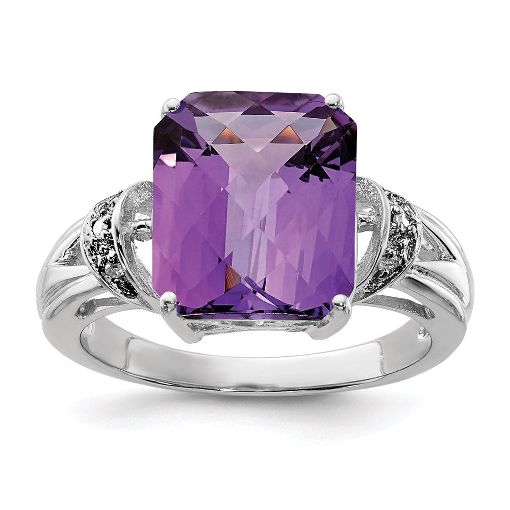 Rhodium-Plated Checker-Cut Amethyst & Diamond Ring in Sterling Silver