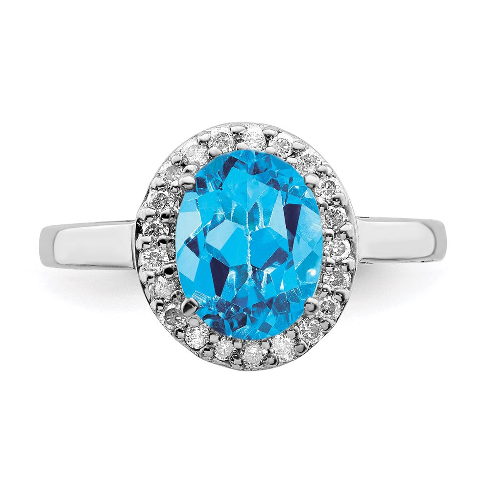 Rhodium Oval Blue Topaz & Diamond Ring in Sterling Silver