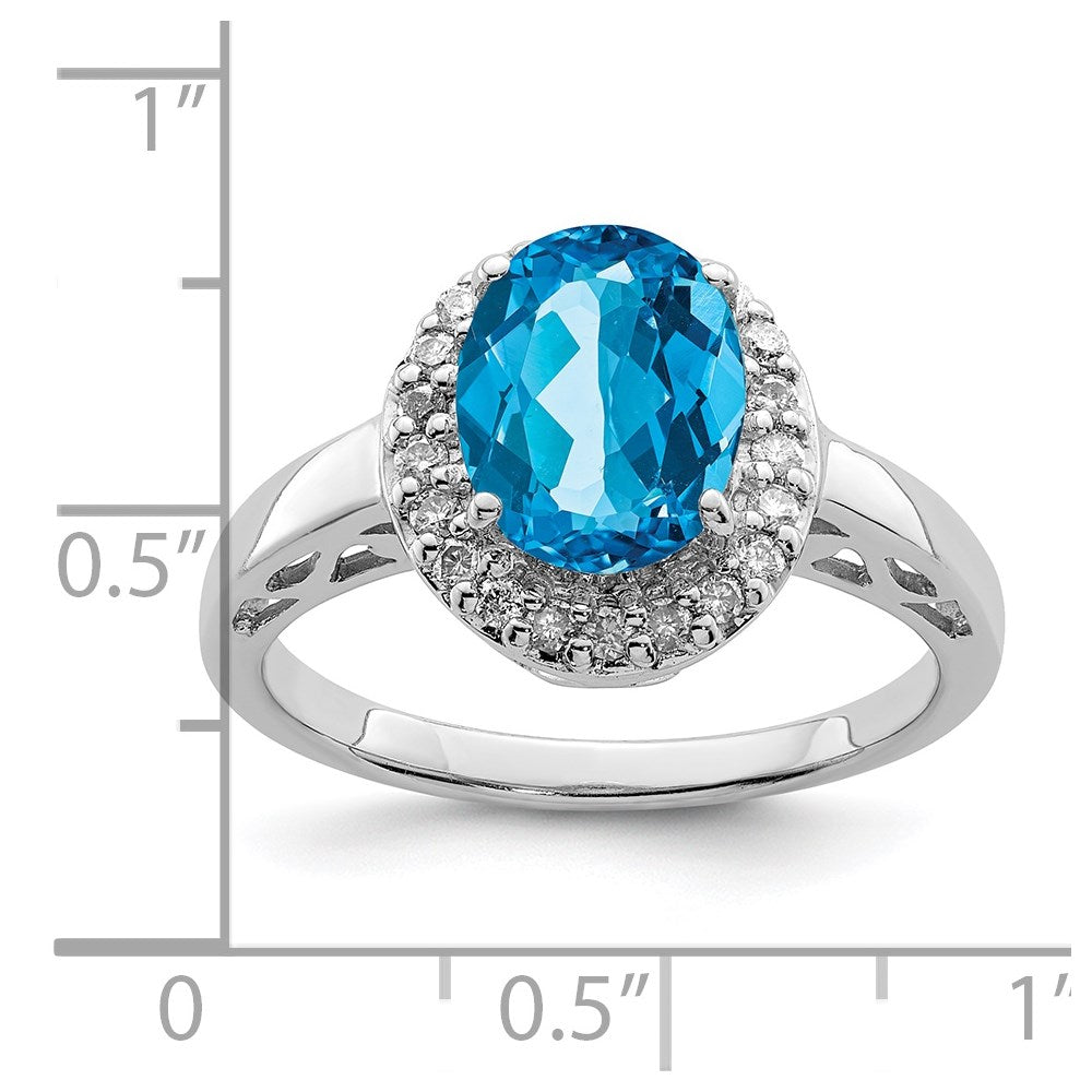 Rhodium Oval Blue Topaz & Diamond Ring in Sterling Silver