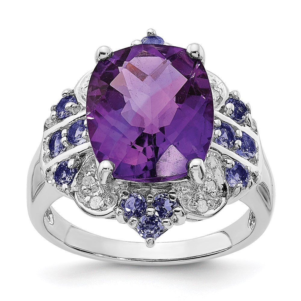 Rhodium-Plated Amethyst, Tanzanite & Diamond Ring in Sterling Silver
