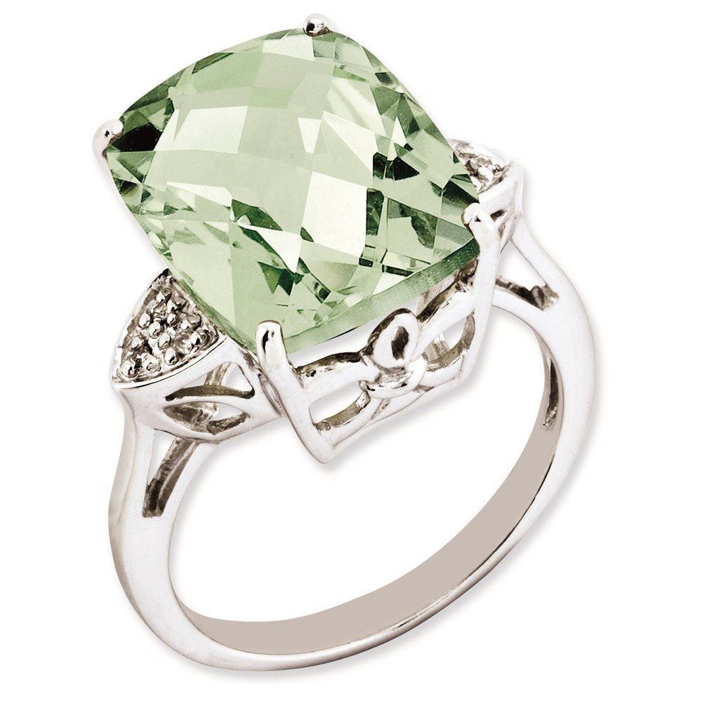 Rhodium-Plated Checker-Cut Green Quartz & Diamond Ring in Sterling Silver