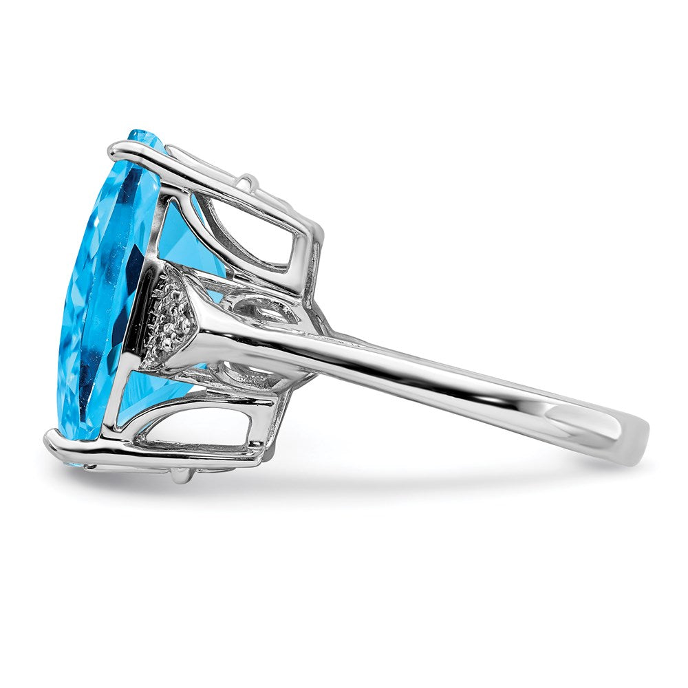 Rhodium Checker-Cut Blue Topaz & Diamond Ring in Sterling Silver