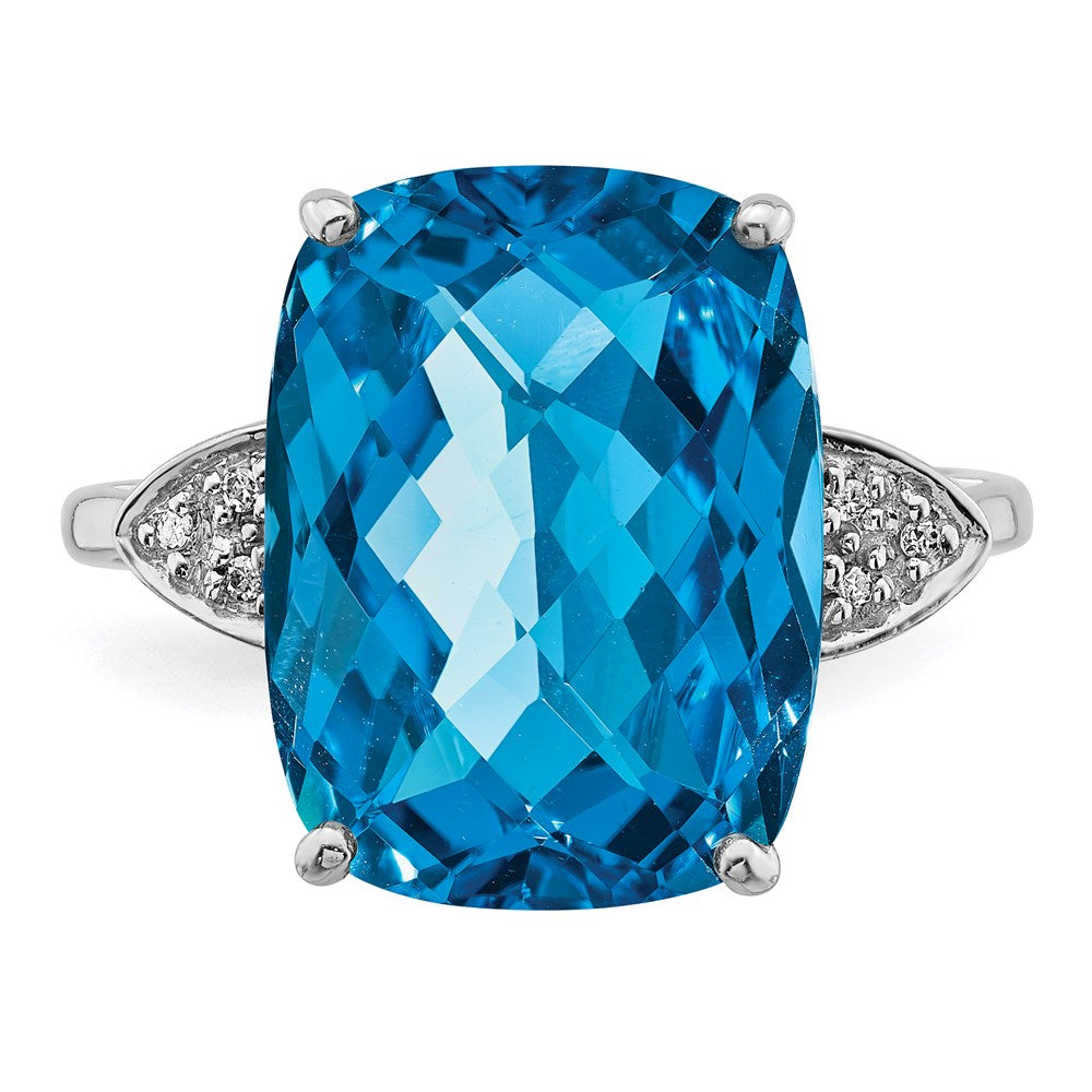 Rhodium Checker-Cut Blue Topaz & Diamond Ring in Sterling Silver