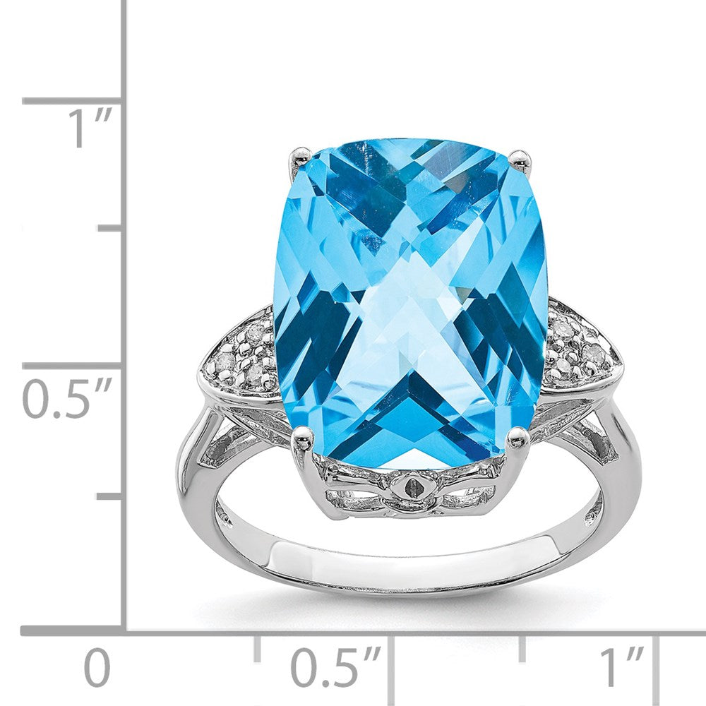 Rhodium Checker-Cut Blue Topaz & Diamond Ring in Sterling Silver