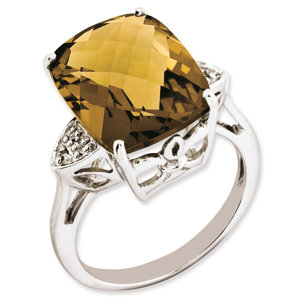 Rhodium-Plated Checker-Cut Whiskey Quartz & Diamond Ring in Sterling Silver